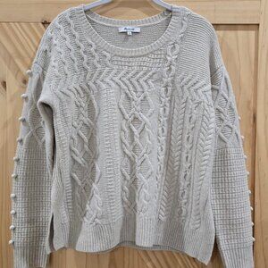 Madewell 100% Wool Cable Knit Sweater Bobble Sleeve Side Slits Minimalist Boho